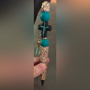 Custom Designed Gold Rhinestone Pen w/ Jesus written on Black Cross & Aqua Beads